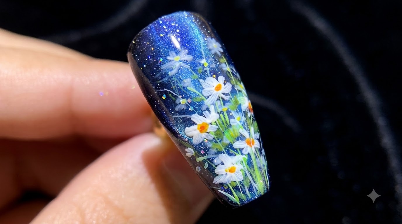 Unghie Gel Notte Stellata con Margherite — Tutorial Passo dopo Passo