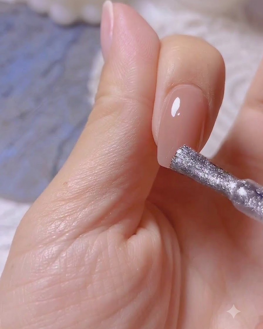 Un pennello da smalto applica un gel magnetico nude traslucido su ununghia naturale non trattata.