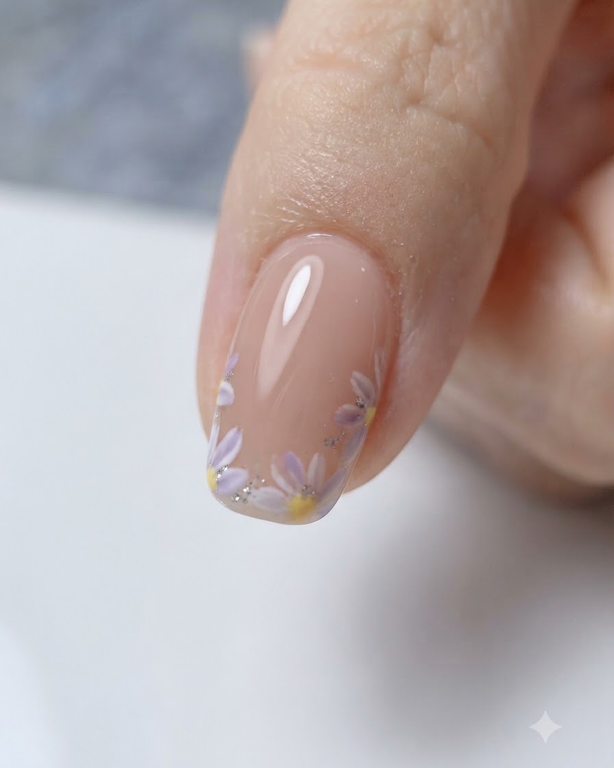 Ununghia finita con margherite bianche e un top coat lucido polimerizzato sotto una lampada.