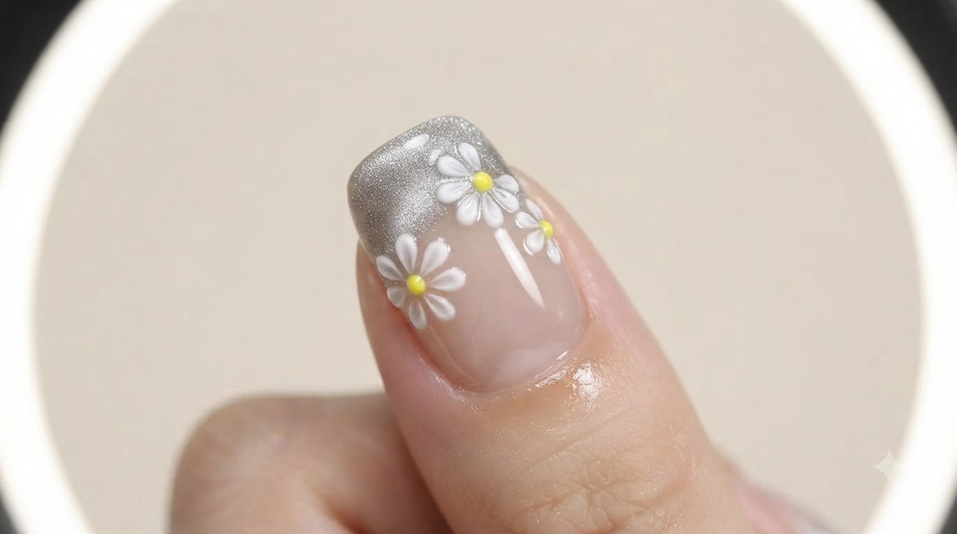 Unghie con Effetto Cat-Eye e Margherite 3D — Tutorial Passo dopo Passo