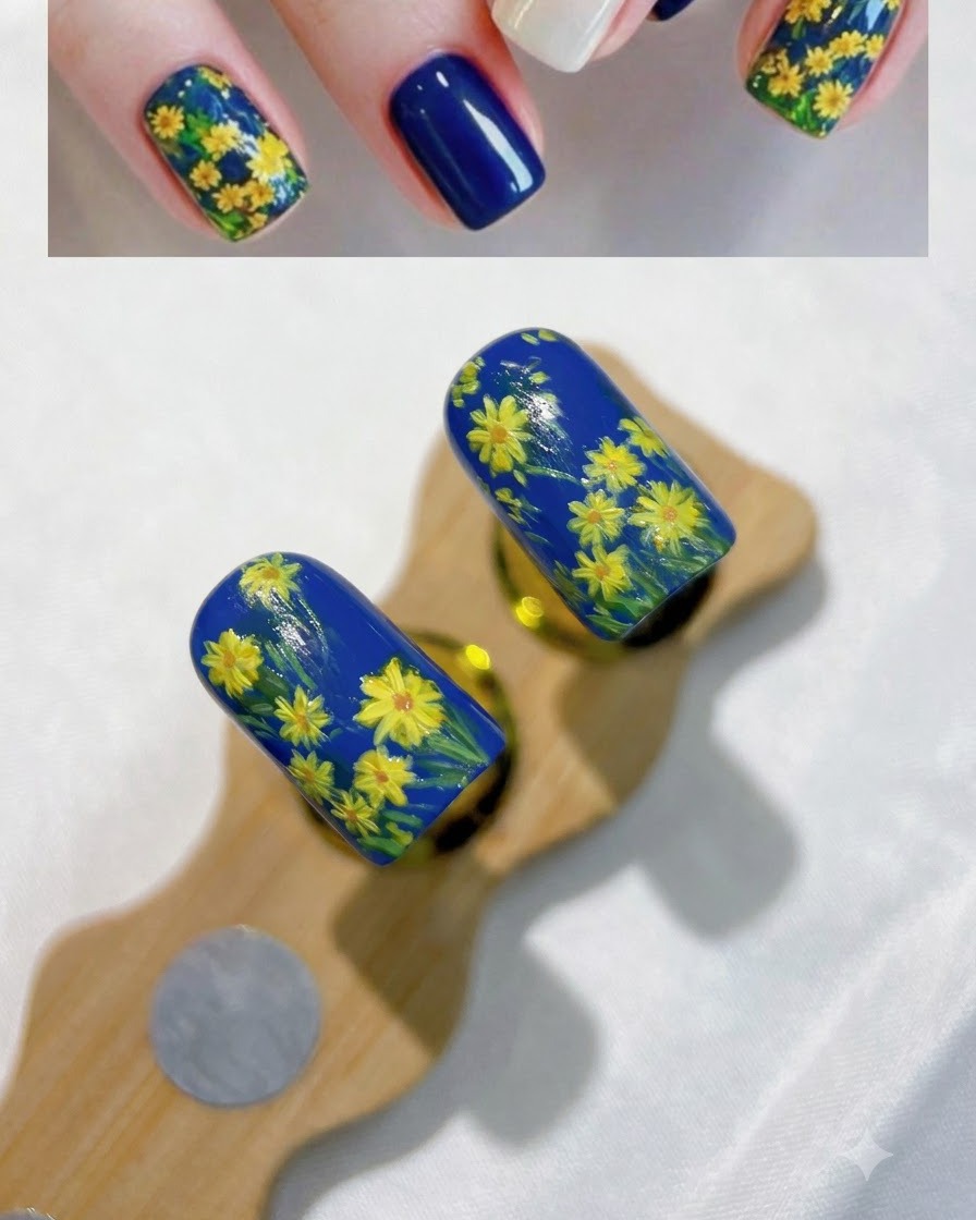 Un primo piano di una tavolozza da artista bianca con gocce di pittura gialla, arancione, verde e blu.