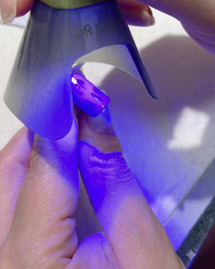 Una lampada UV viola portatile che polimerizza la nail art con foglie verde scuro su ununghia dipinta di blu.