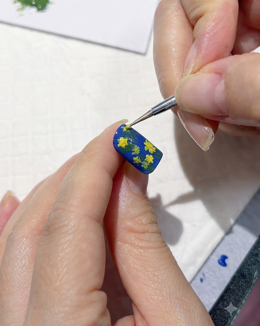 Un pennello per nail art che perfeziona più piccole margherite gialle dipinte su ununghia blu.