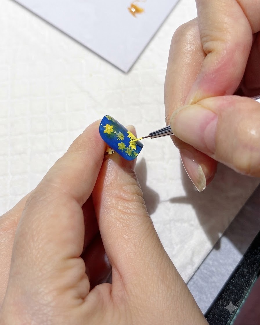 Un pennello fine che applica punti luce gialli sui petali delle margherite su ununghia blu.