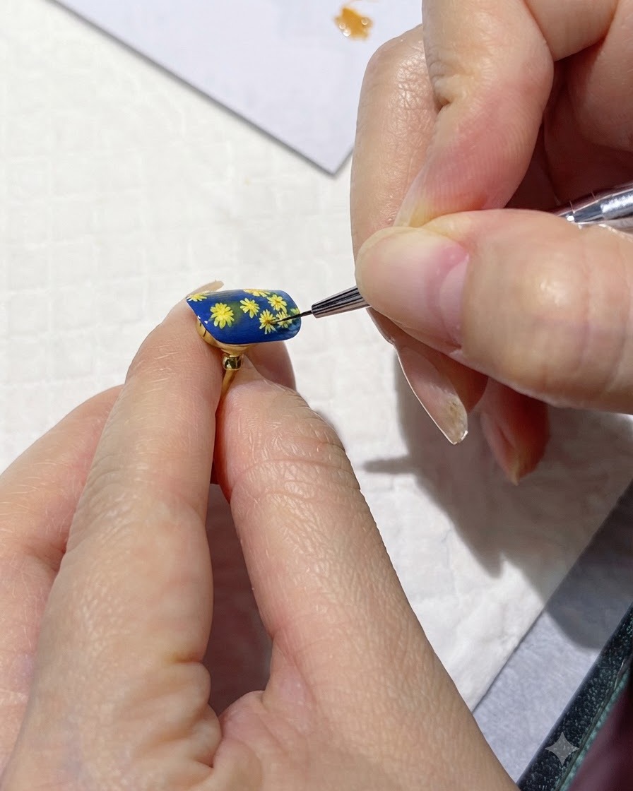 Ununghia posizionata sotto una lampada di polimerizzazione per fissare i centri dei fiori.