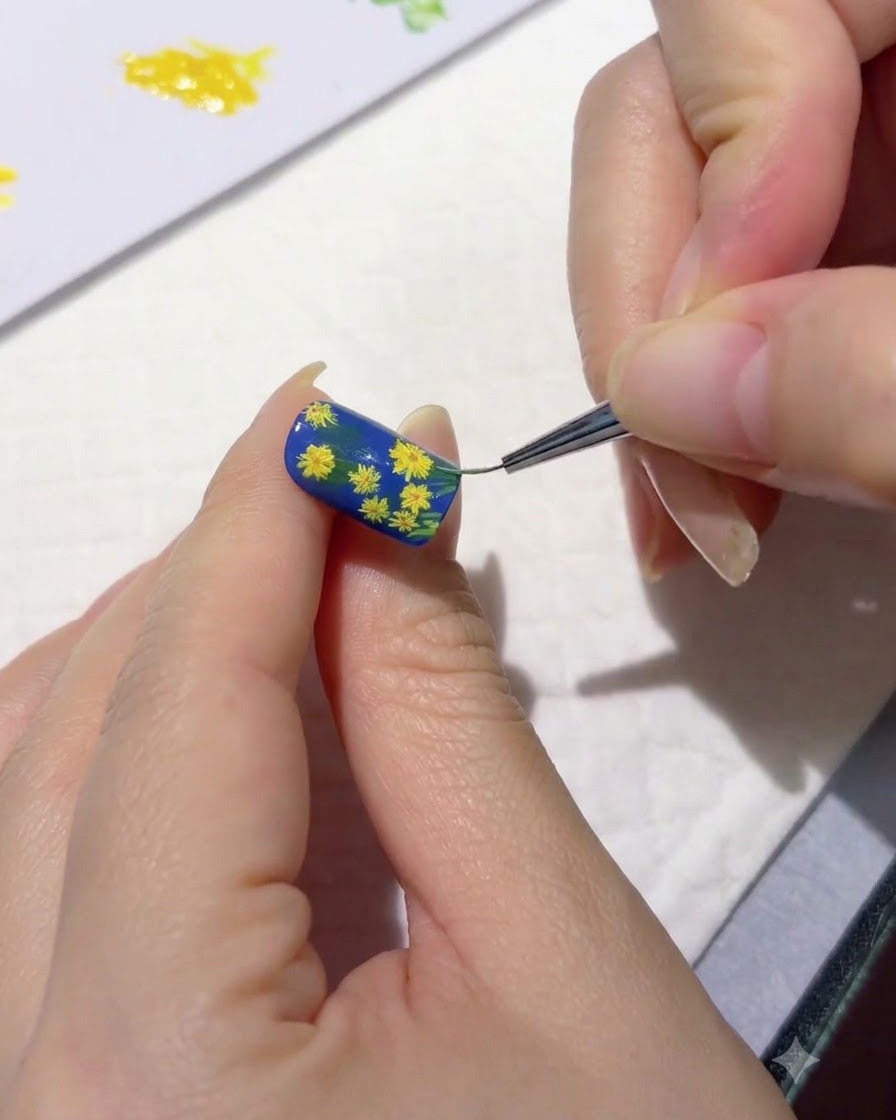 Un pennello fine che aggiunge delicate foglie verdi attorno ai fiori di margherita.