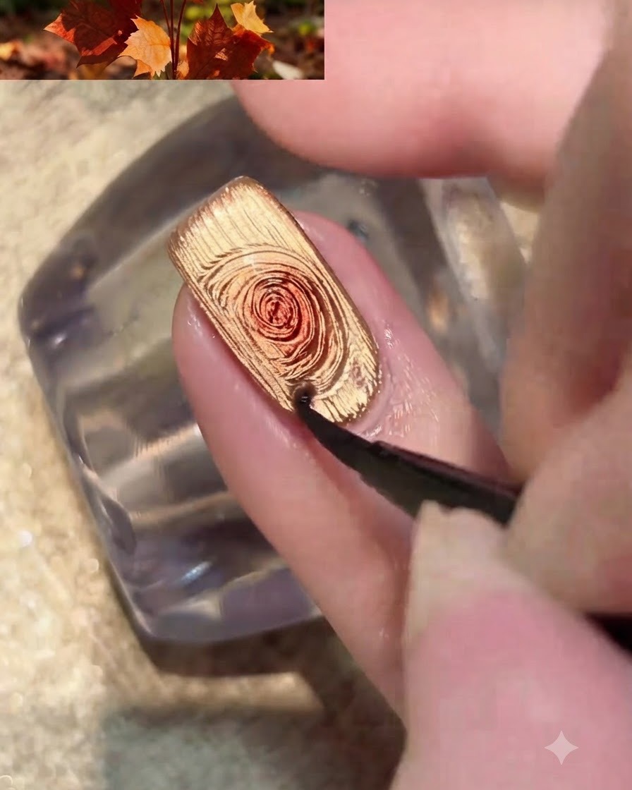 Un piccolo magnete per unghie posizionato vicino al bordo laterale di ununghia dipinta con gel cat-eye dorato.
