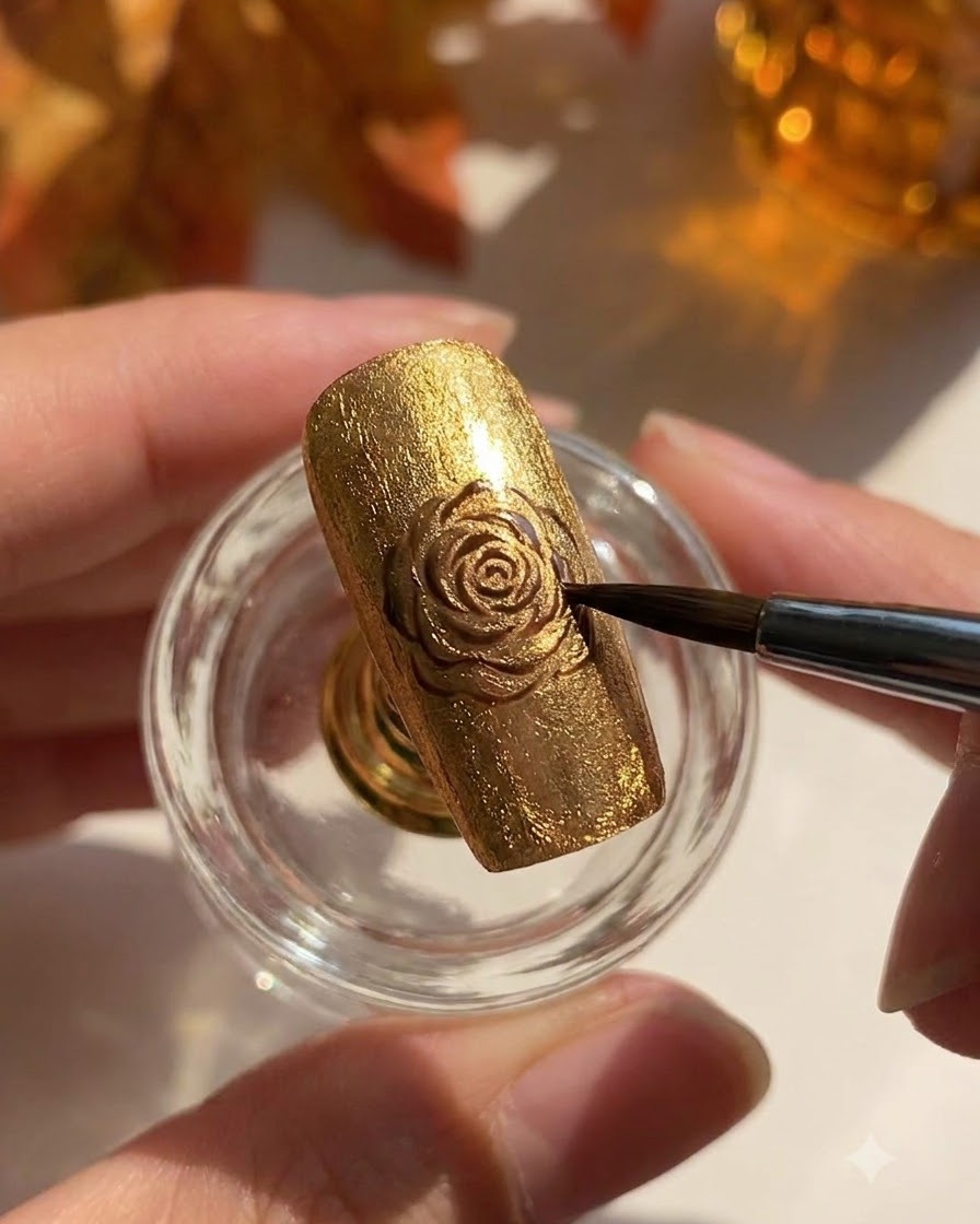 Un pennello di dettaglio o strumento che perfeziona la superficie di un set di unghie cat-eye dorate e brillanti su un supporto.
