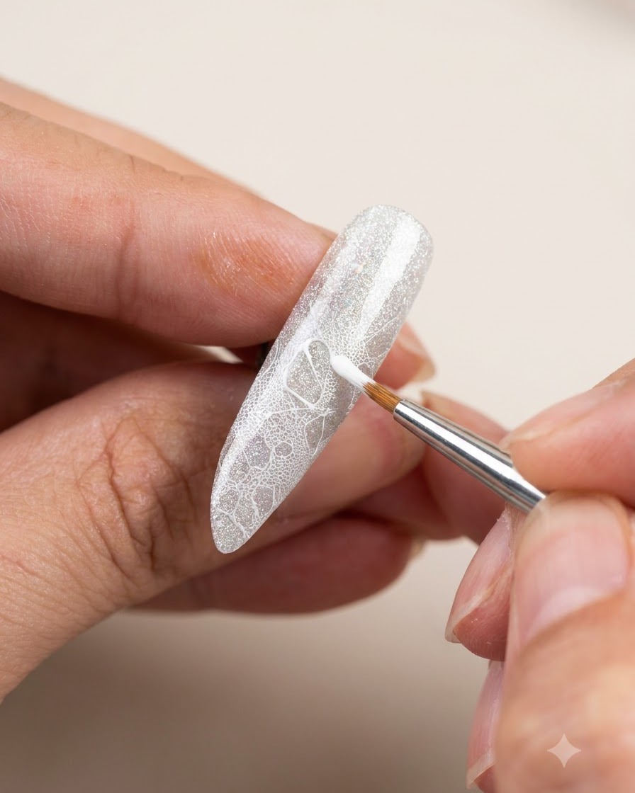 Un pennello fine per nail art che modella e delinea meticolosamente petali di fiori bianchi sopra un motivo in pizzo su una punta dunghia.