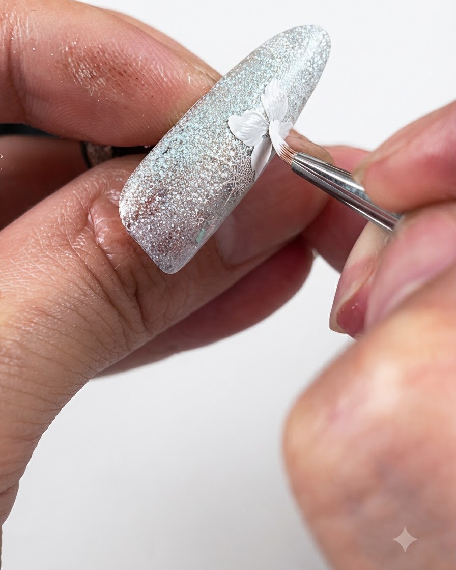 Un pennello fine che applica un top coat opaco precisamente sui petali di fiori bianchi dipinti su ununghia brillante.