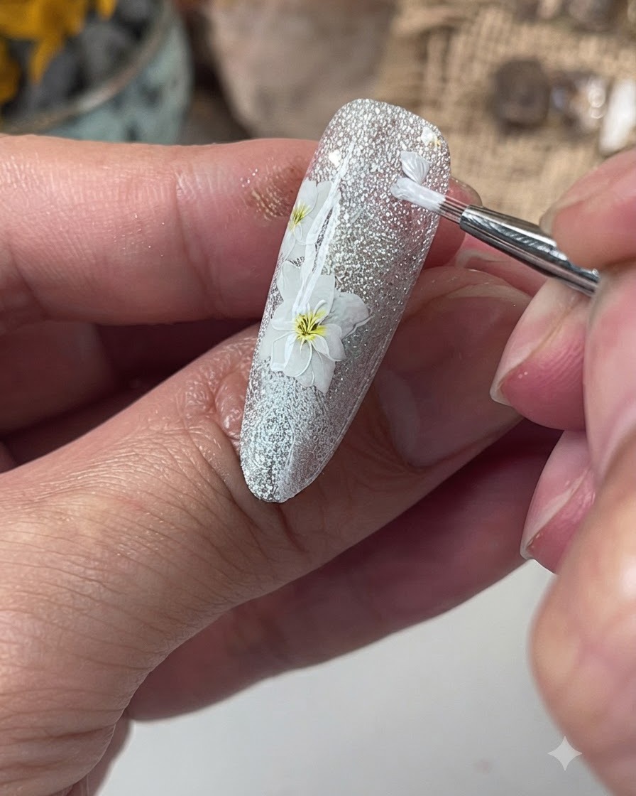 Un pennello fine che punteggia gel blu al centro del fiore bianco e lo sfuma delicatamente verso lesterno.