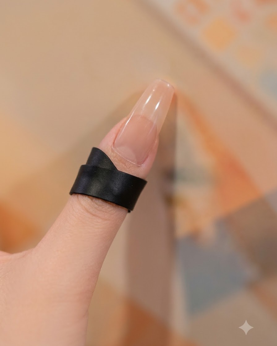 Primo piano di ununghia con un anello nero, mentre un pennello fine applica gel bianco avorio vicino alla cuticola e alla zona della base.