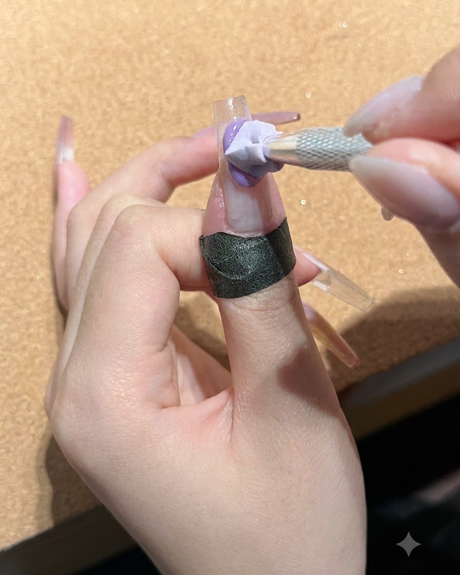 Una mano che tiene un piccolo applicatore a spugna, tamponando gel dai toni viola sulla punta di ununghia.