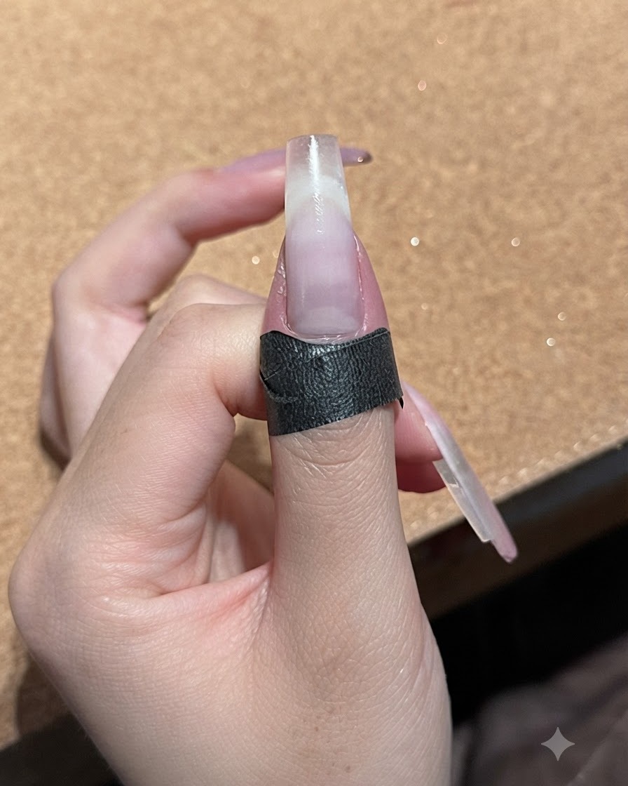 Primo piano di ununghia con un sottile strato lucido di gel nude bianco pesca applicato sopra la sfumatura.