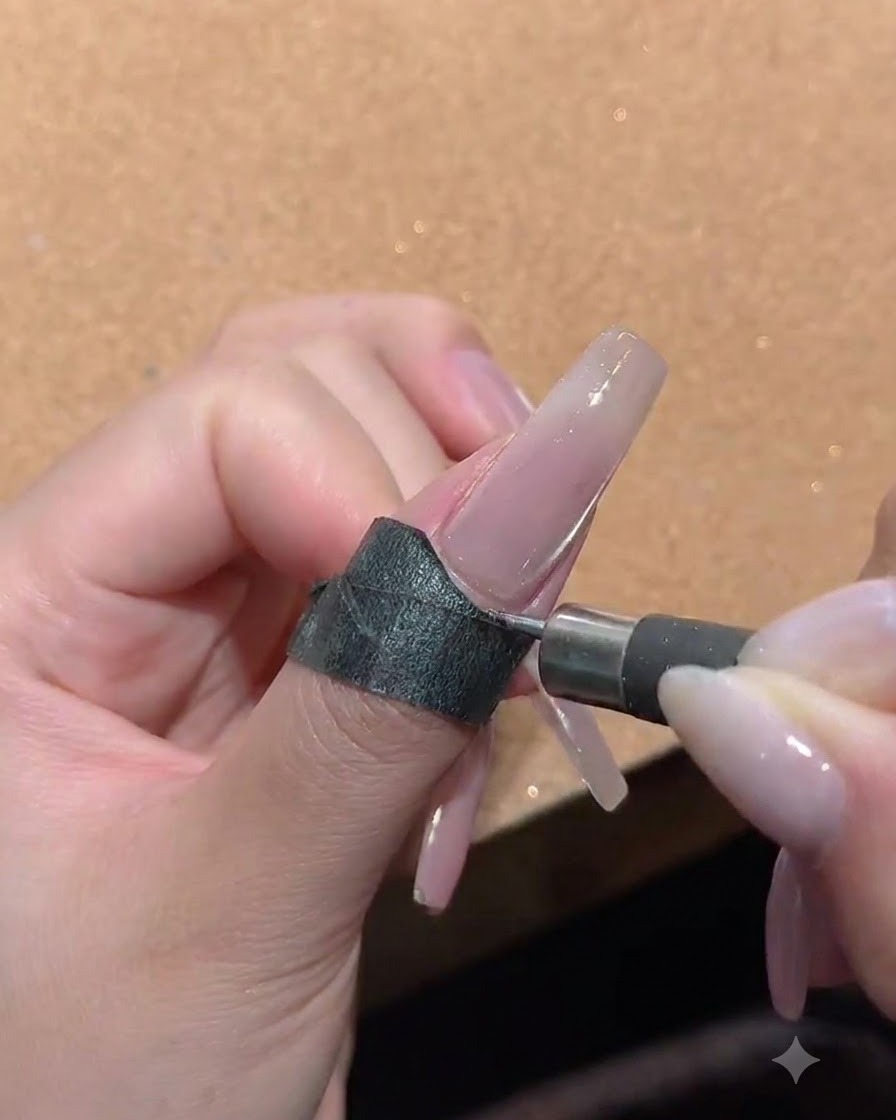 Primo piano di un dito con un piccolo magnete per unghie tenuto contro il lato di ununghia in gel cat eye lucido.