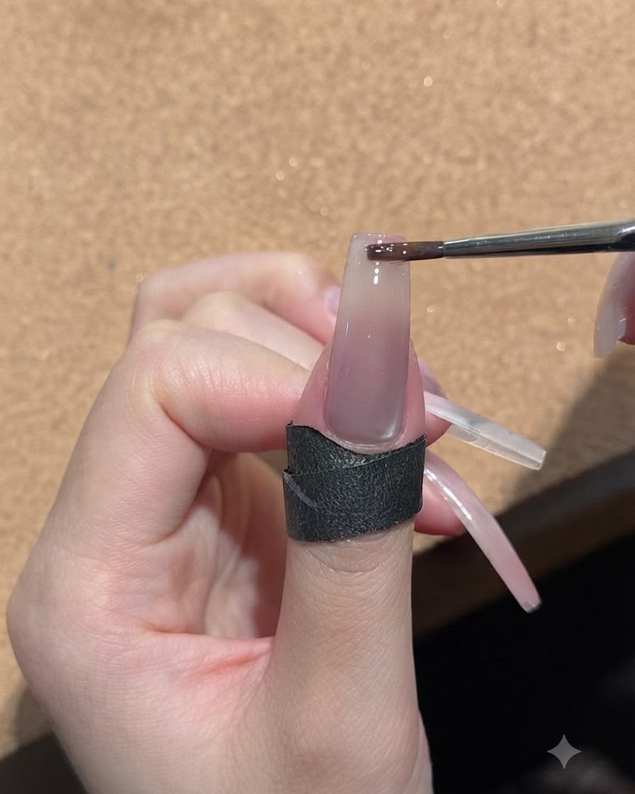Una piccola spugnetta per il trucco tamponata delicatamente contro la punta di ununghia nude lucida.