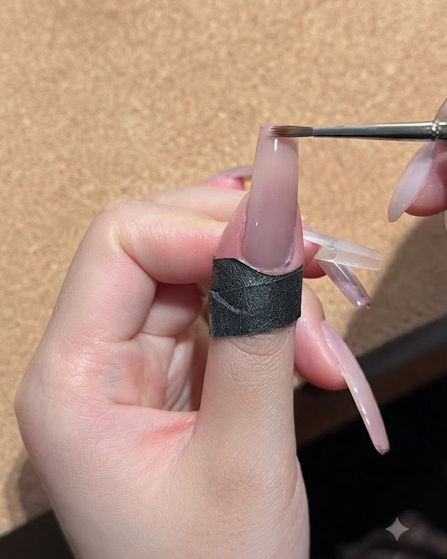 Un pennello per unghie fine che applica un secondo strato di gel nude pesca sulla punta di ununghia.