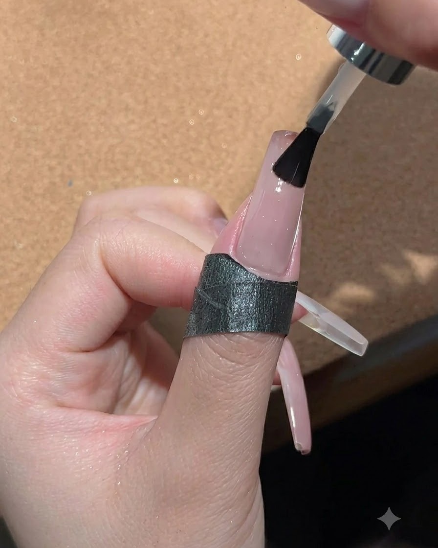 Un pennello che applica uno strato spesso di sigillante top coat lucido sullunghia sfumata finita.