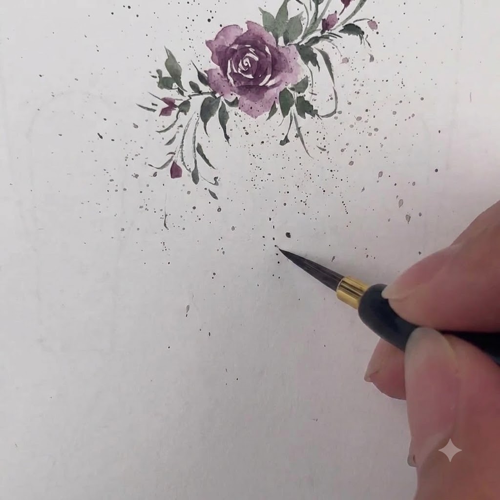 Un pennello fine dipinge una delicata forma a nove in viola scuro su carta da acquerello.
