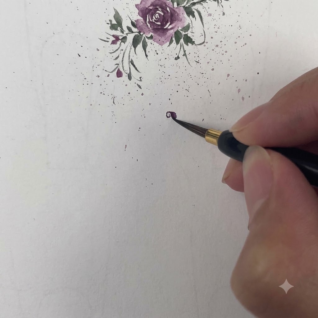 Un pennello fine per acquerello applica una pennellata viola scuro per formare il primo petalo che avvolge il centro del fiore.