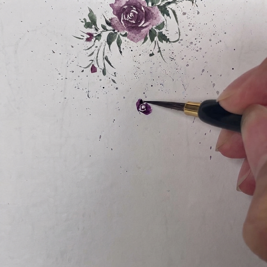 Un pennello aggiunge un secondo petalo viola sopra il primo, mostrando una distinta separazione nei loro punti di base.