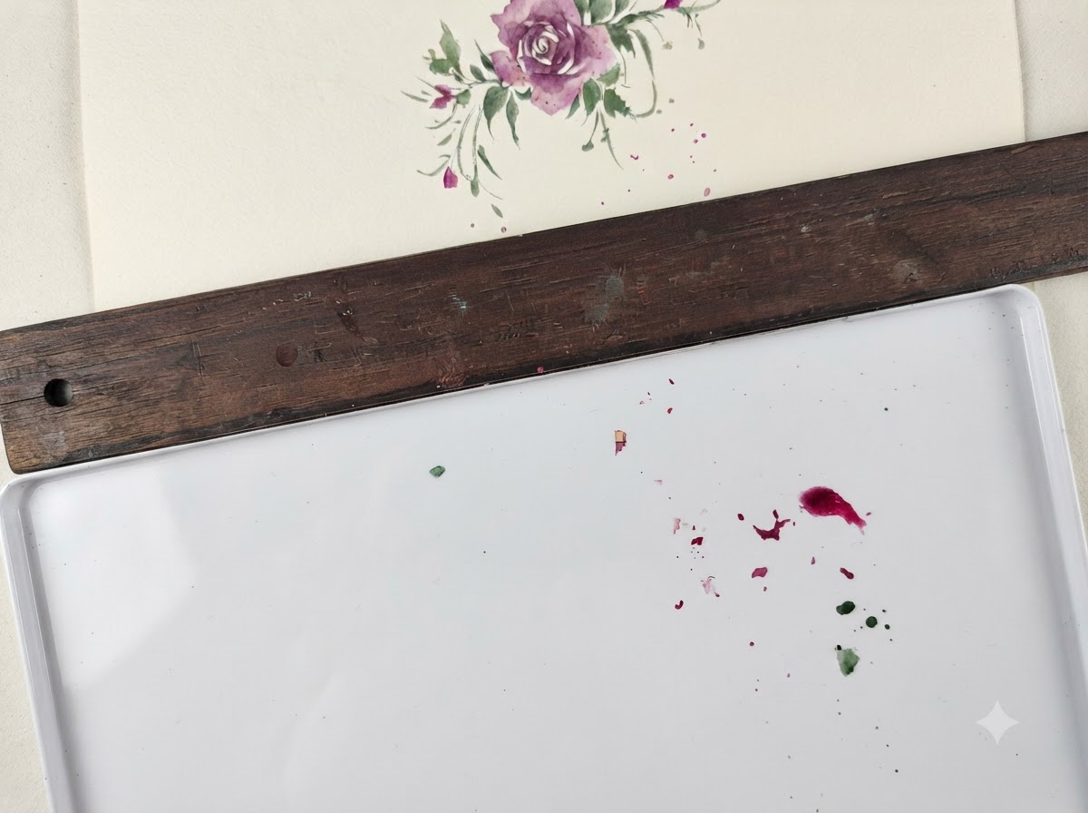 Una tavolozza per acquerelli che mostra una lavatura viola più chiara mista e pronta per lo strato successivo di petali.
