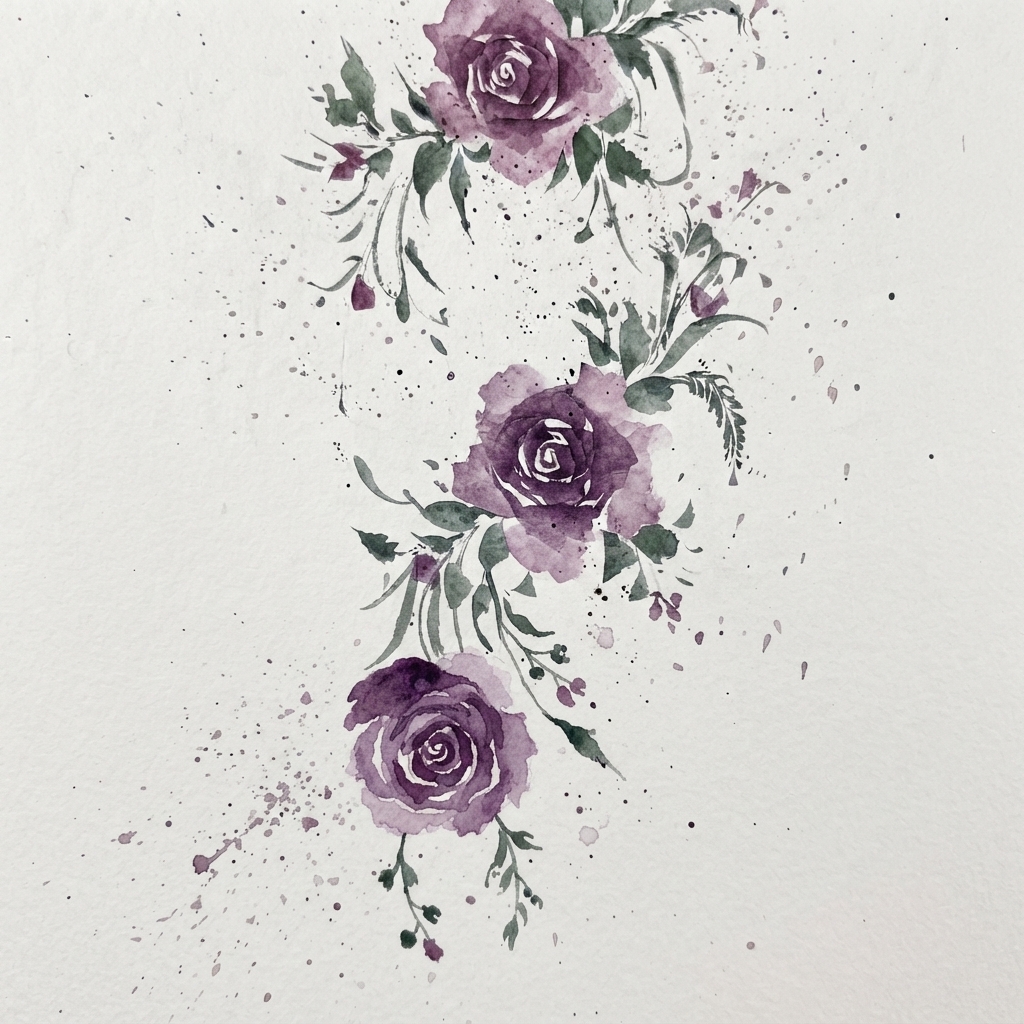 Fogliame ad acquerello e foglie verdi aperte a forma di otto dipinte attorno alla rosa viola.