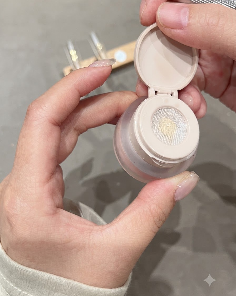 Una vista ravvicinata di un applicatore con punta in spugna che trattiene il gel Pat Pat sopra una tip trasparente.
