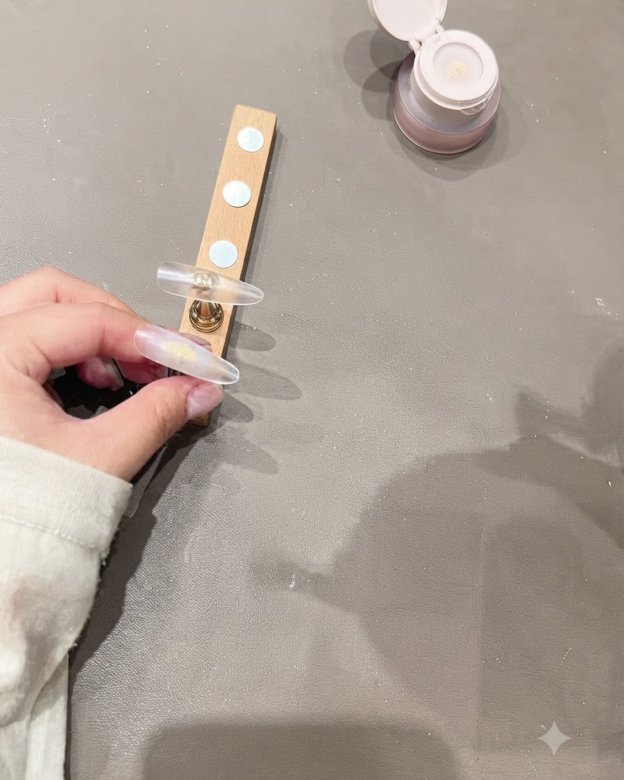 Una tip per unghie posizionata su un supporto di legno accanto a un barattolo di gel.