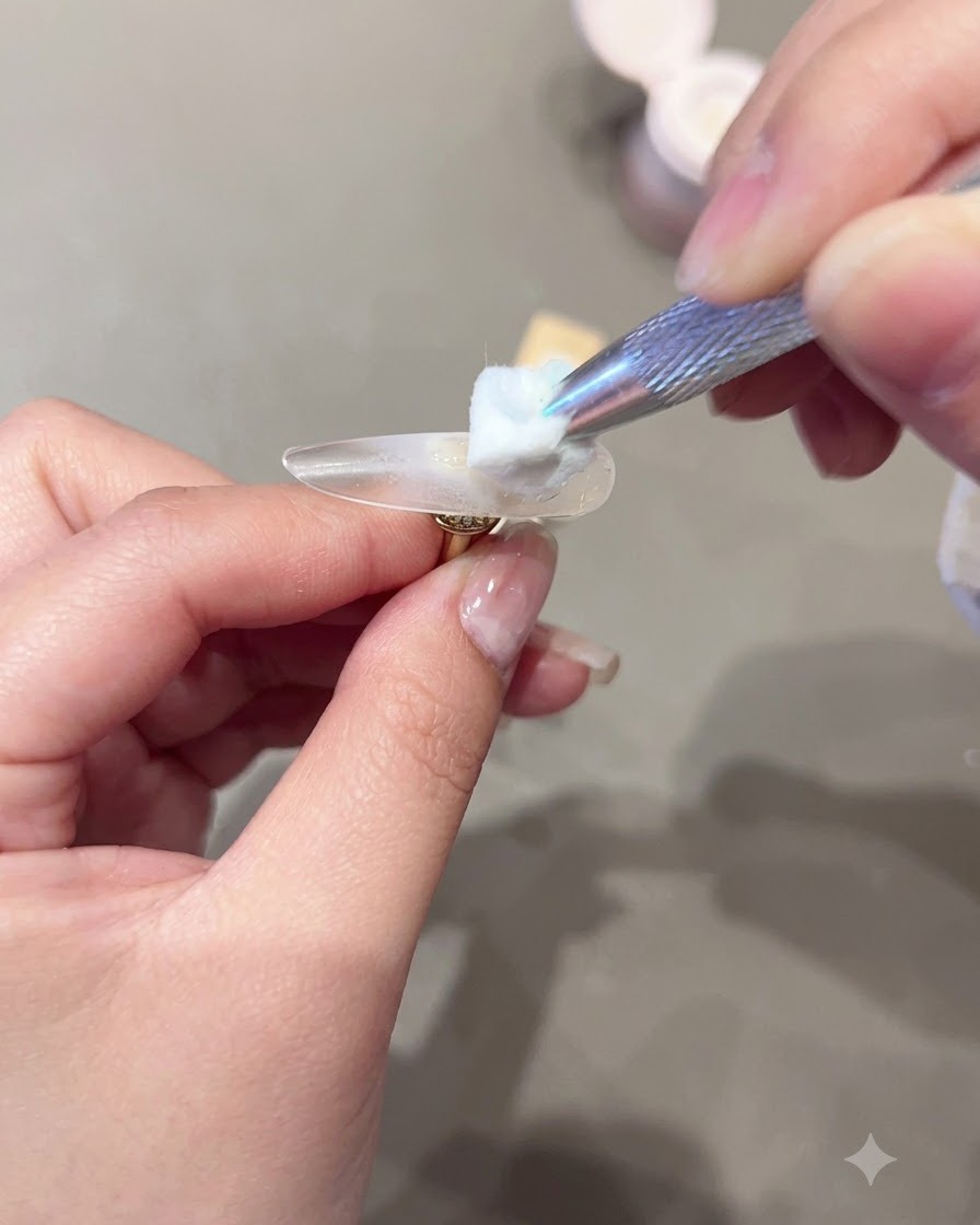 Uno strumento che tiene un dischetto di cotone con del liquido mentre applica il prodotto su una tip trasparente.