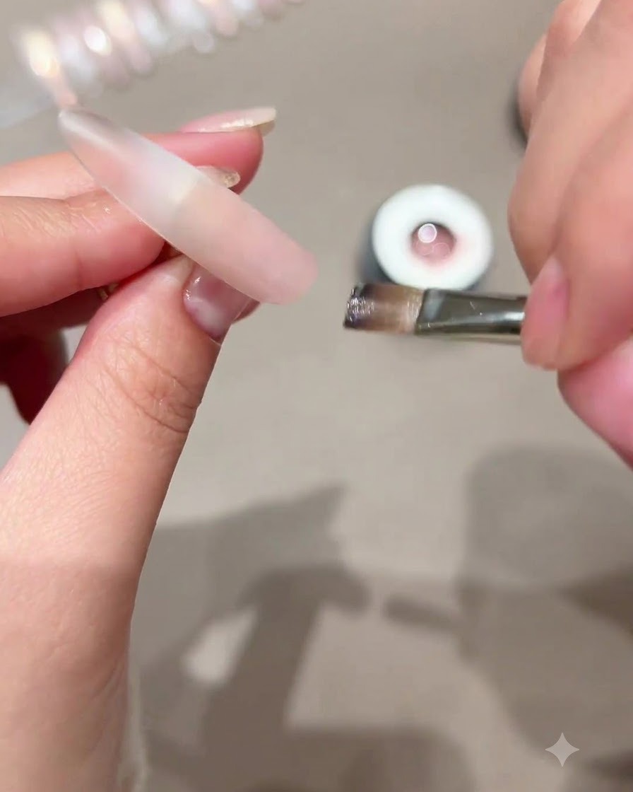 Una tip tenuta accanto a un pennello da gel, che mostra larea di transizione per leffetto sfumato.
