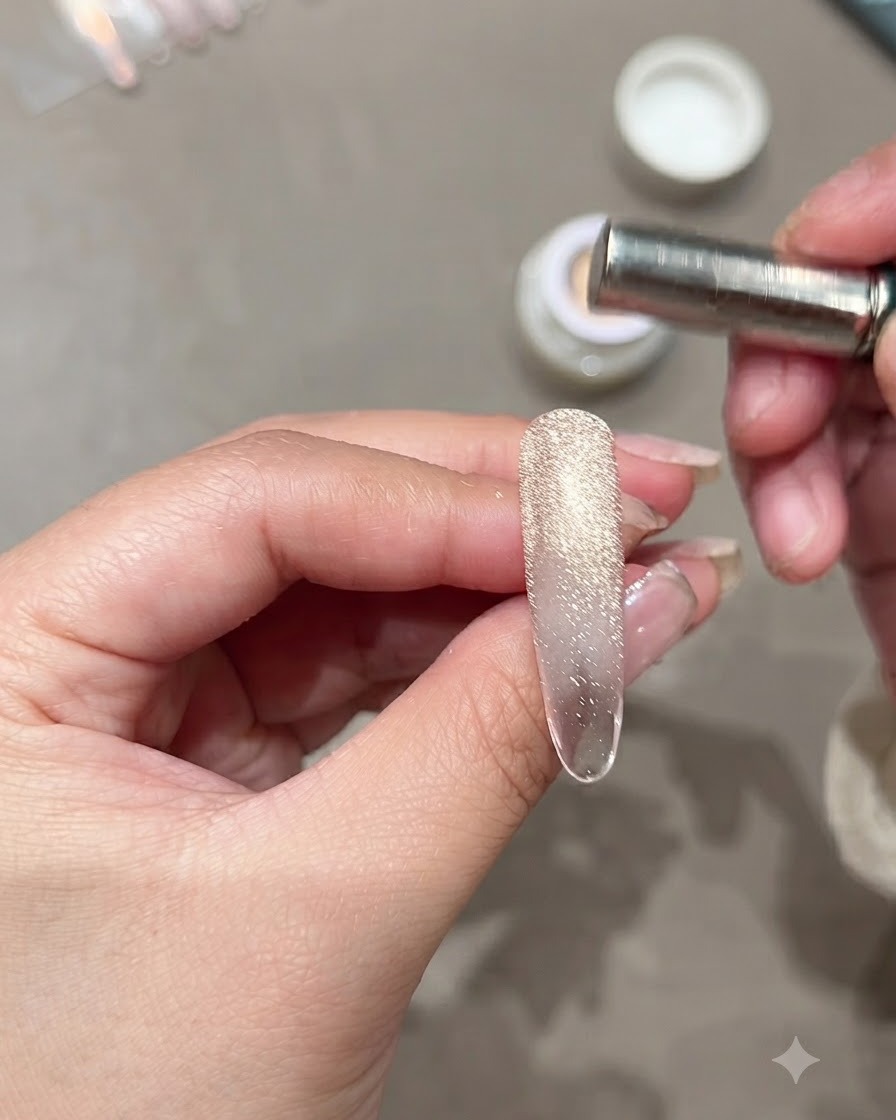 Primo piano di una mano che tiene un magnete cilindrico sopra ununghia allungata, rivelando unampia fascia di riflessi cat-eye.