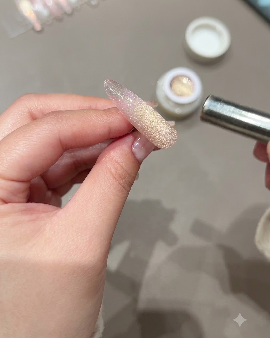 Una mano che usa un piccolo magnete per spingere le particelle luminose cat-eye verso la striscia centrale di unghia lunga.
