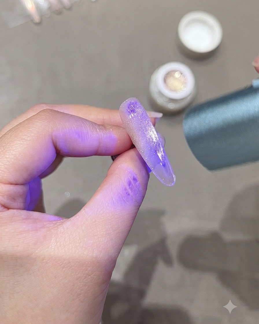 Una mano che regge una lampada di polimerizzazione UV con luce viola su ununghia allungata con design a riflessi cat-eye centrali.