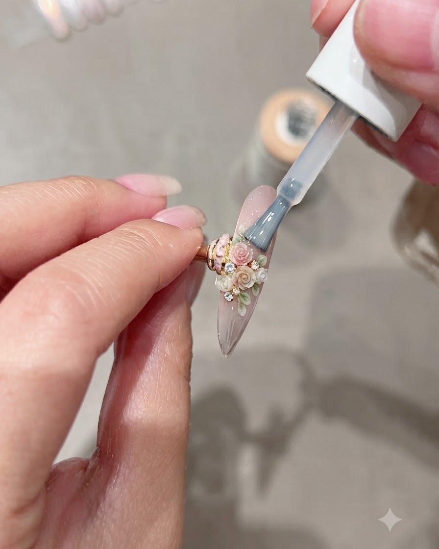 Un pennello che applica un top coat trasparente di gel specchio Moding C8 su ununghia allungata decorata con micro-arte floreale 3D.