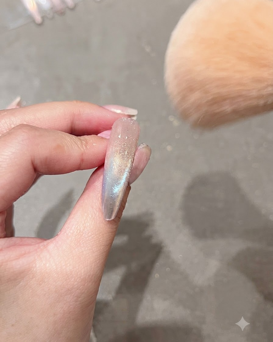 Un grande pennello soffice per il trucco che spazza via la polvere aurora in eccesso da ununghia decorata.
