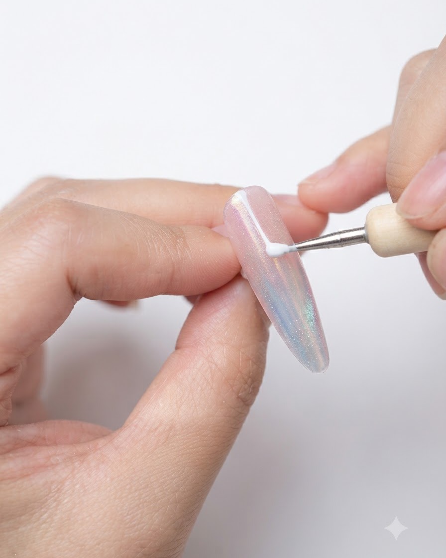 Primo piano di un pennello sottile liner che applica linee di gel bianco su ununghia decorata.