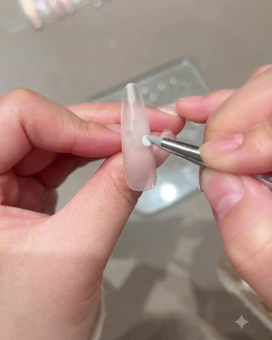 Uno strumento con punta in silicone che posiziona un piccolo punto bianco di gel per scultura su ununghia nude.