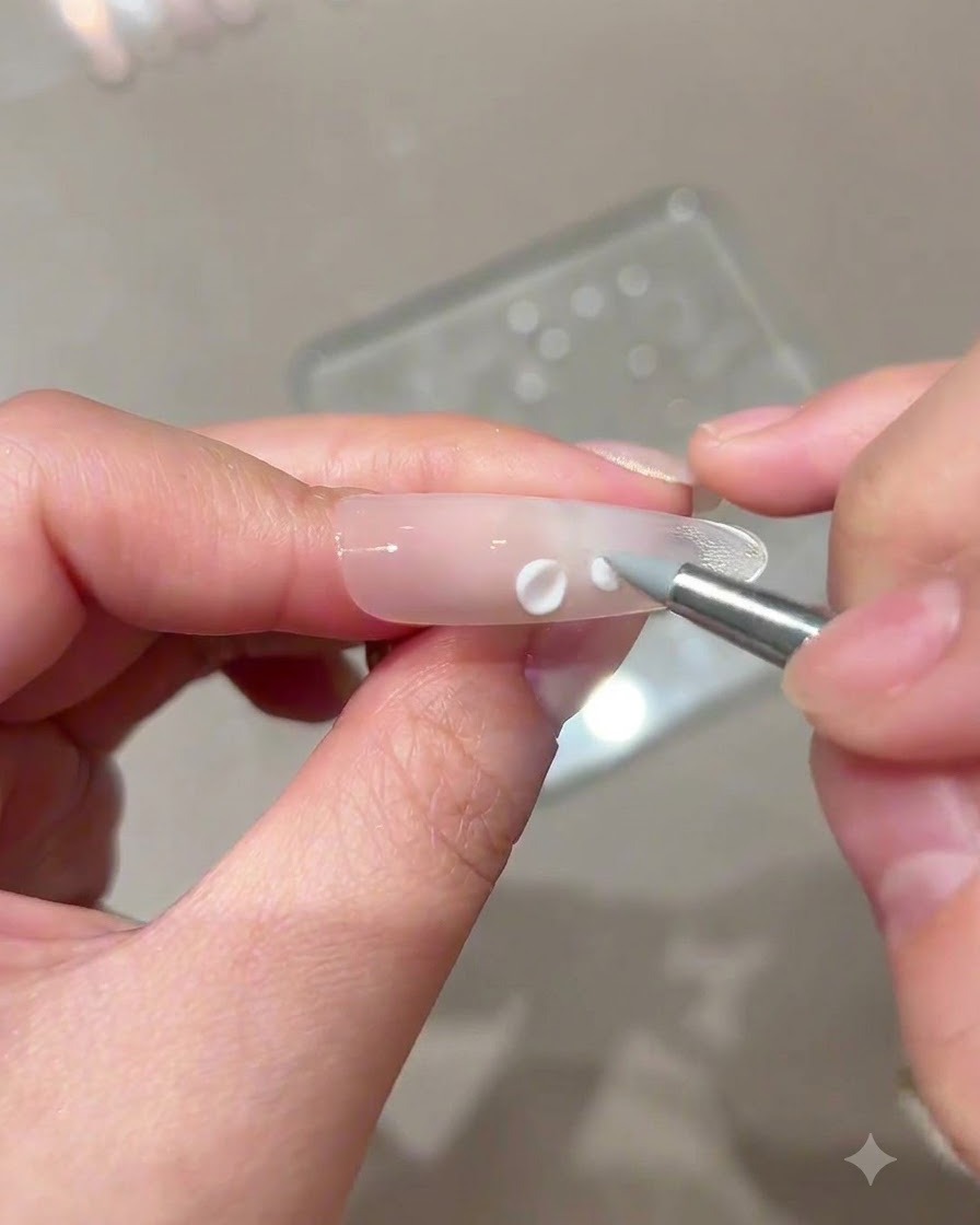 Uno strumento per unghie che posiziona piccole sfere a goccia di gel da scultura bianco attorno a un punto centrale su ununghia.