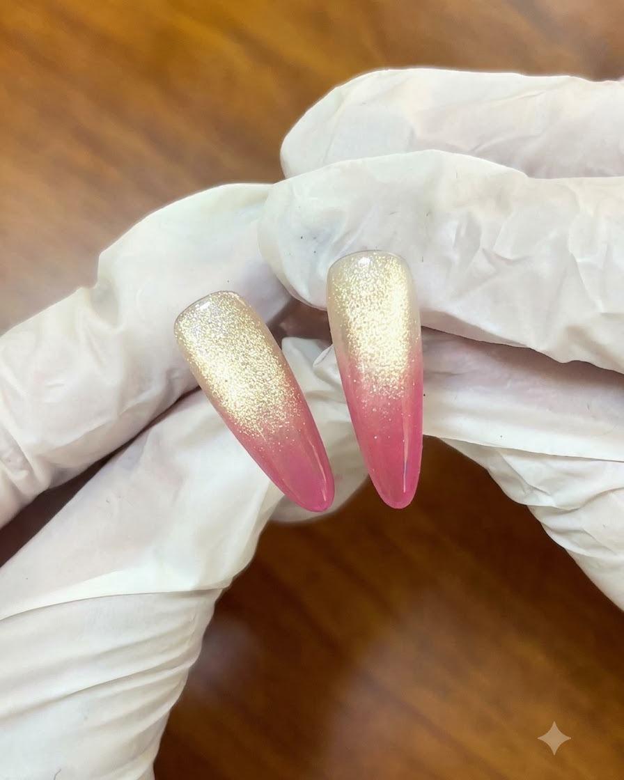Un primo piano di un pennello per unghie che applica il gel rosa bacca sulla punta di ununghia finta.