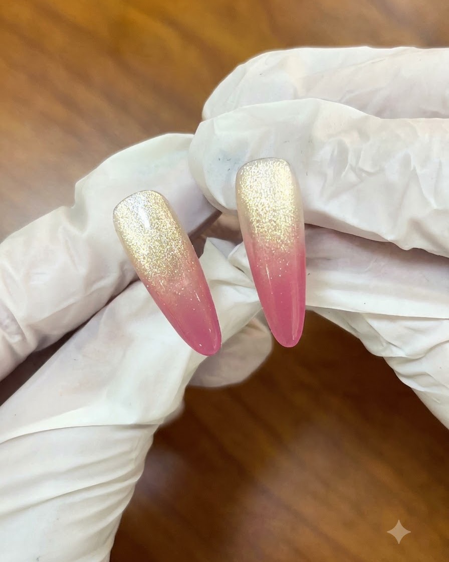 Una spugnetta per il trucco che tampona delicatamente il gel rosa su ununghia per creare una sfumatura ombre.