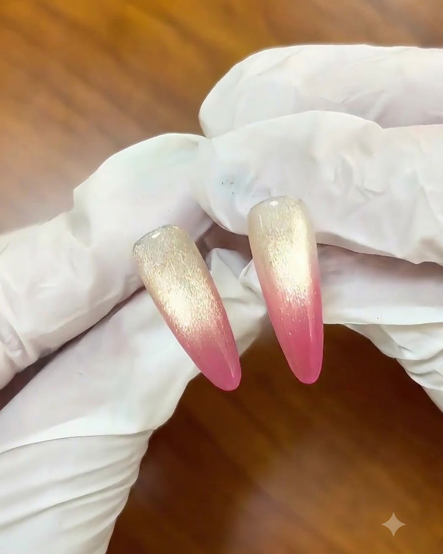 Applicazione di una seconda mano di gel rosa bacca per scurire le punte delle unghie.