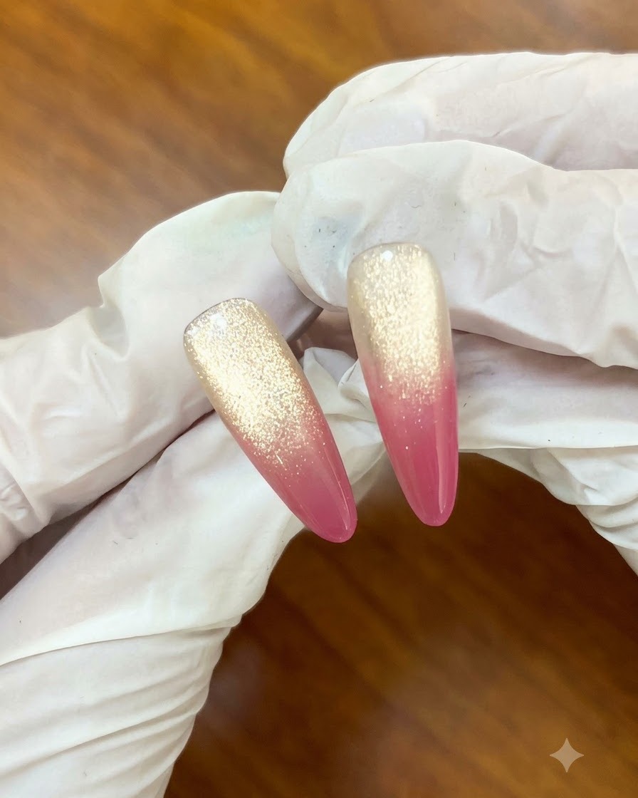 Uno strumento magnetico tenuto vicino al lato di ununghia dipinta per raccogliere le particelle di glitter magnetico.