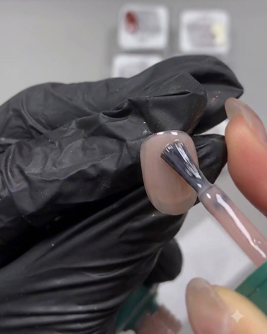 Un pennello per unghie che applica attentamente una mano liscia di smalto gel nude lattiginoso su ununghia naturale.