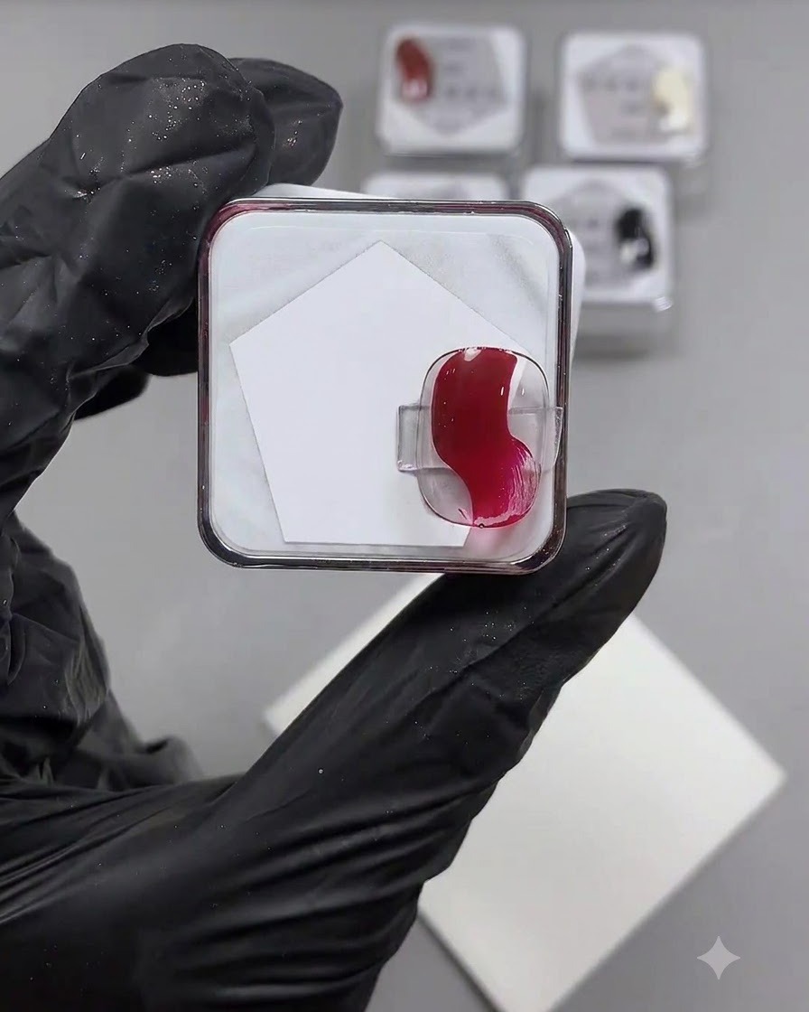 Una spatola o un pennello che posiziona gocce di gel rosso vibrante in vasetto su una tavolozza di miscelazione bianca pulita.