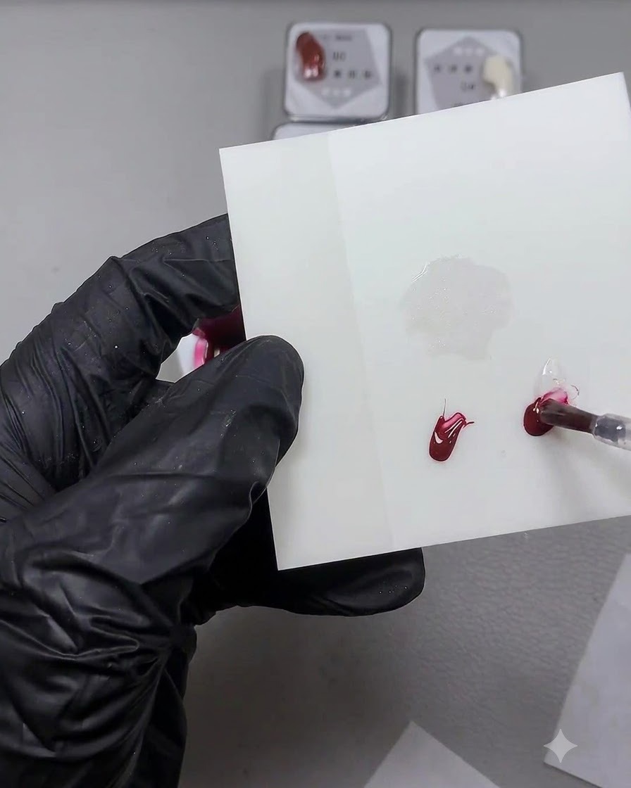 Un pennello fine per nail art che mescola una goccia di gel rosso con il gel base trasparente su una superficie di miscelazione bianca.