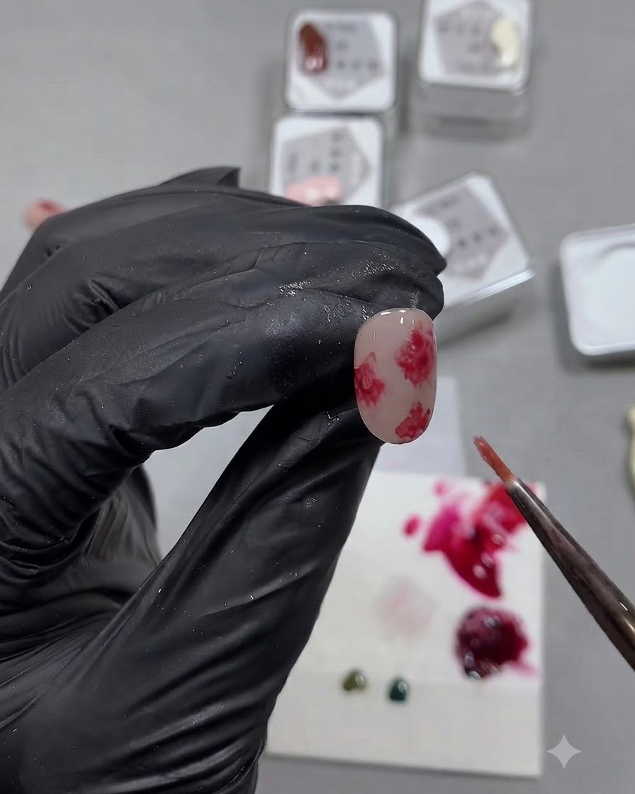 Un pennello fine che tampona il gel base trasparente attorno ai bordi delle forme di fiori rossi dipinti per creare un effetto alone acquerello morbido.