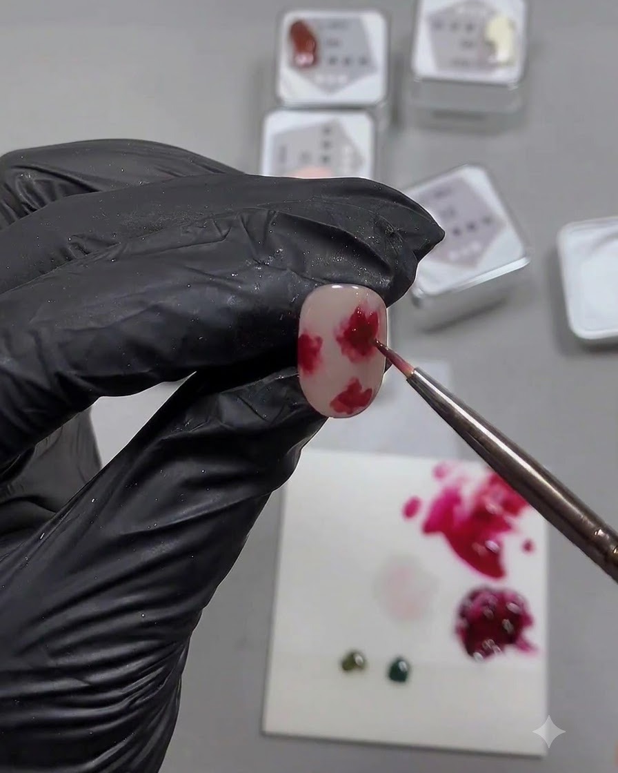 Un pennello fine che applica il gel rosso scuro al centro di un design di rosa su ununghia.