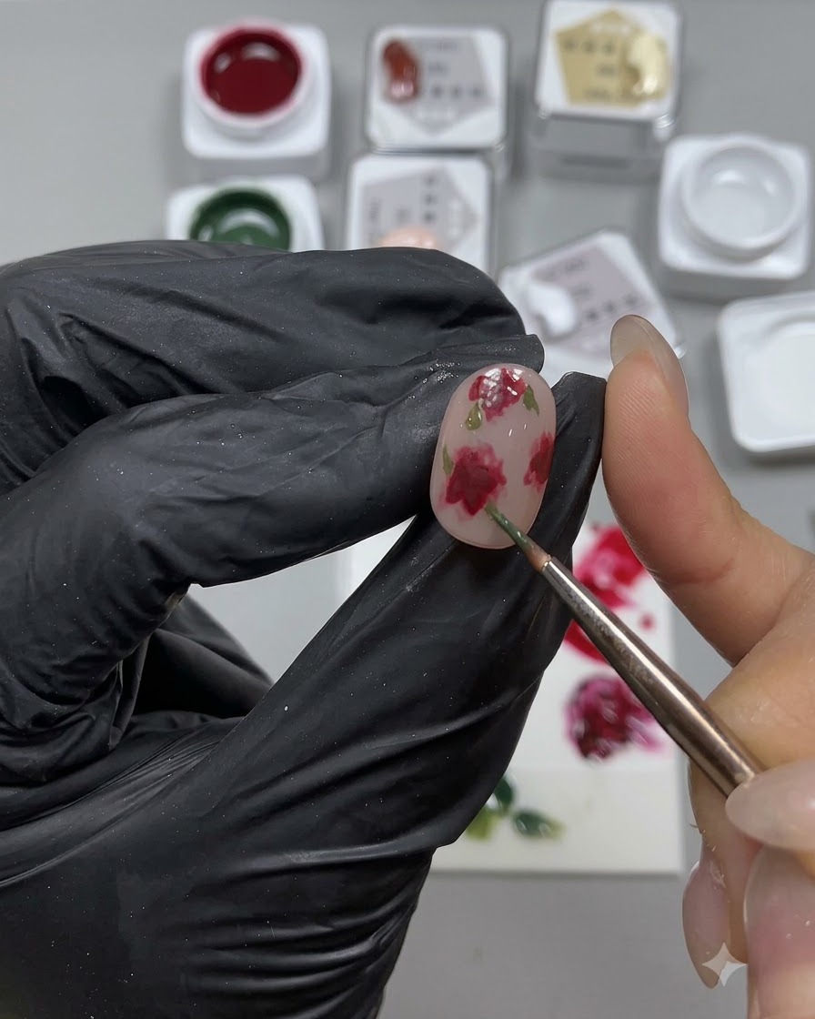 Un pennello fine che dipinge foglie verdi attorno alle rose dipinte su ununghia.