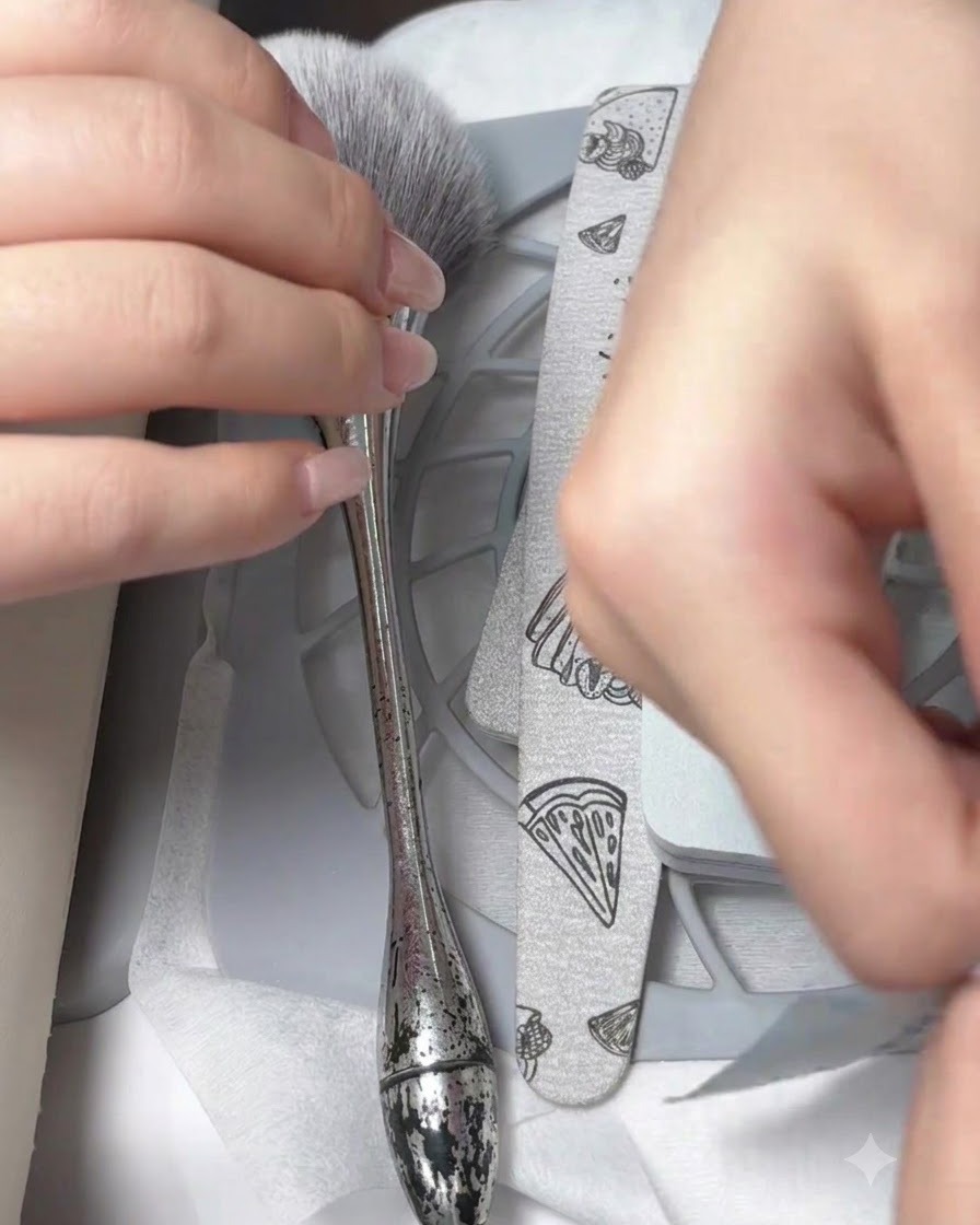Mani che aprono una bustina di carta sterile sigillata contenente strumenti professionali in metallo per unghie.